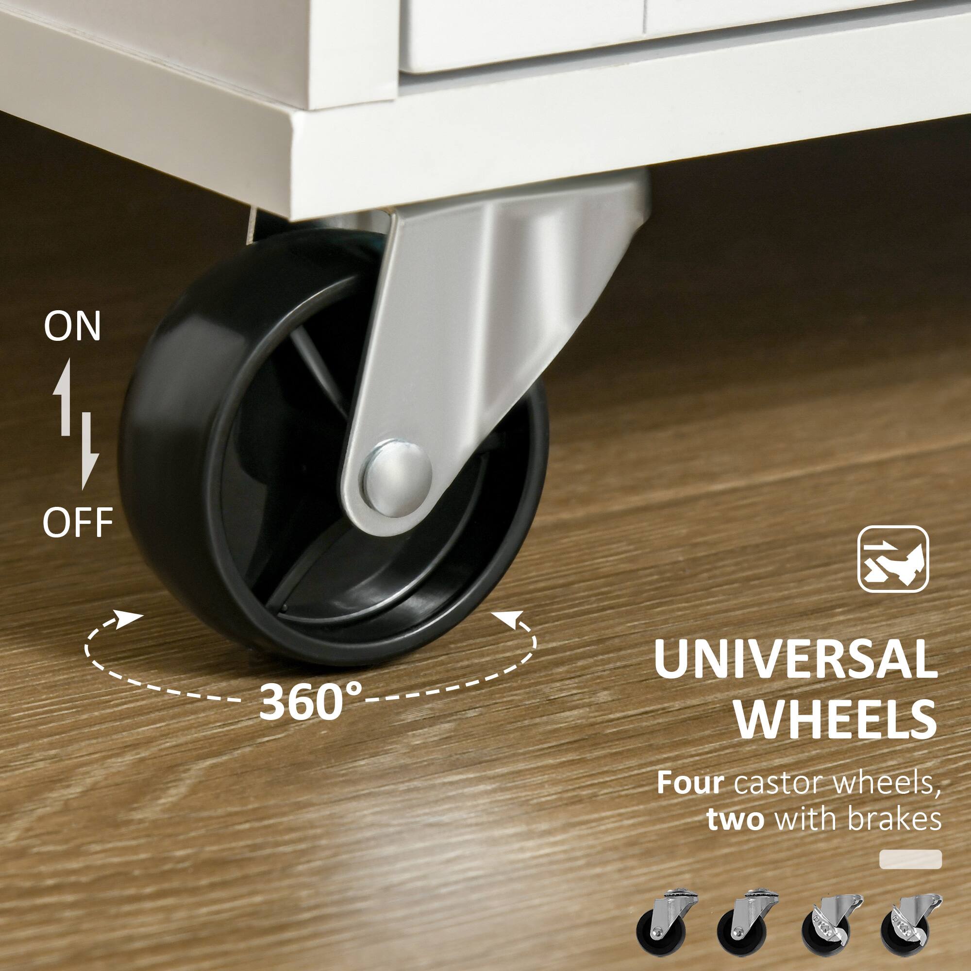 ON 1 OFF 360° UNIVERSAL WHEELS Four castor wheels, two with brakes