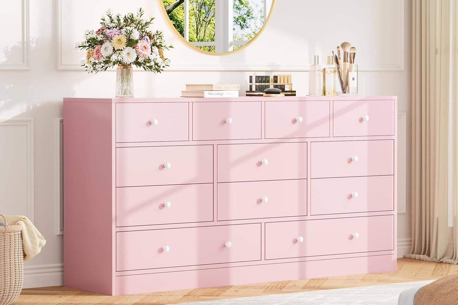 Homhougo - 12 Drawer Dresser for Bedroom, 61 in Long Modern Dresser TV Stand with Charging Station, Large Wooden Chest Od - Pink