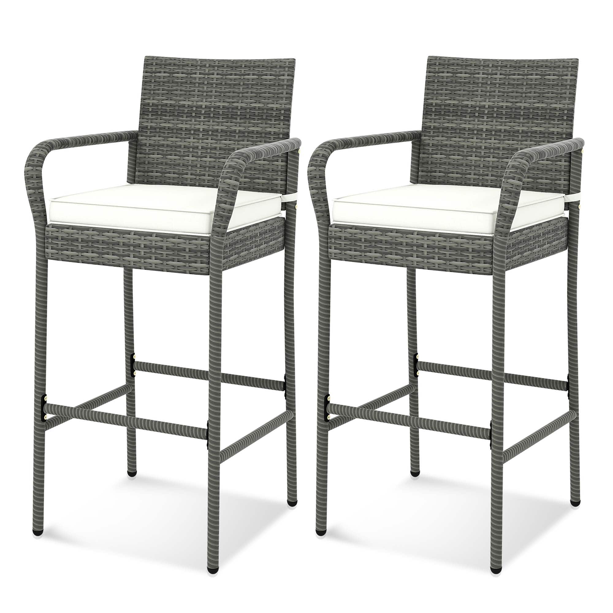 Costway - Patio Wicker Barstools Set of 2 with Armrests & Soft Cushions Stable Metal Frame - Gray,Off White price history on PriceWatchPro