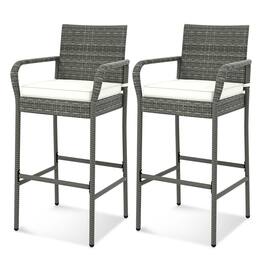 Costway - Patio Wicker Barstools Set of 2 with Armrests & Soft Cushions Stable Metal Frame - Gray,Off White