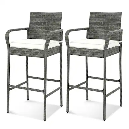 Front. Costway - Costway Patio Wicker Barstools Set of 2 with Armrests & Soft Cushions Stable Metal Frame - Gray,Off White.
