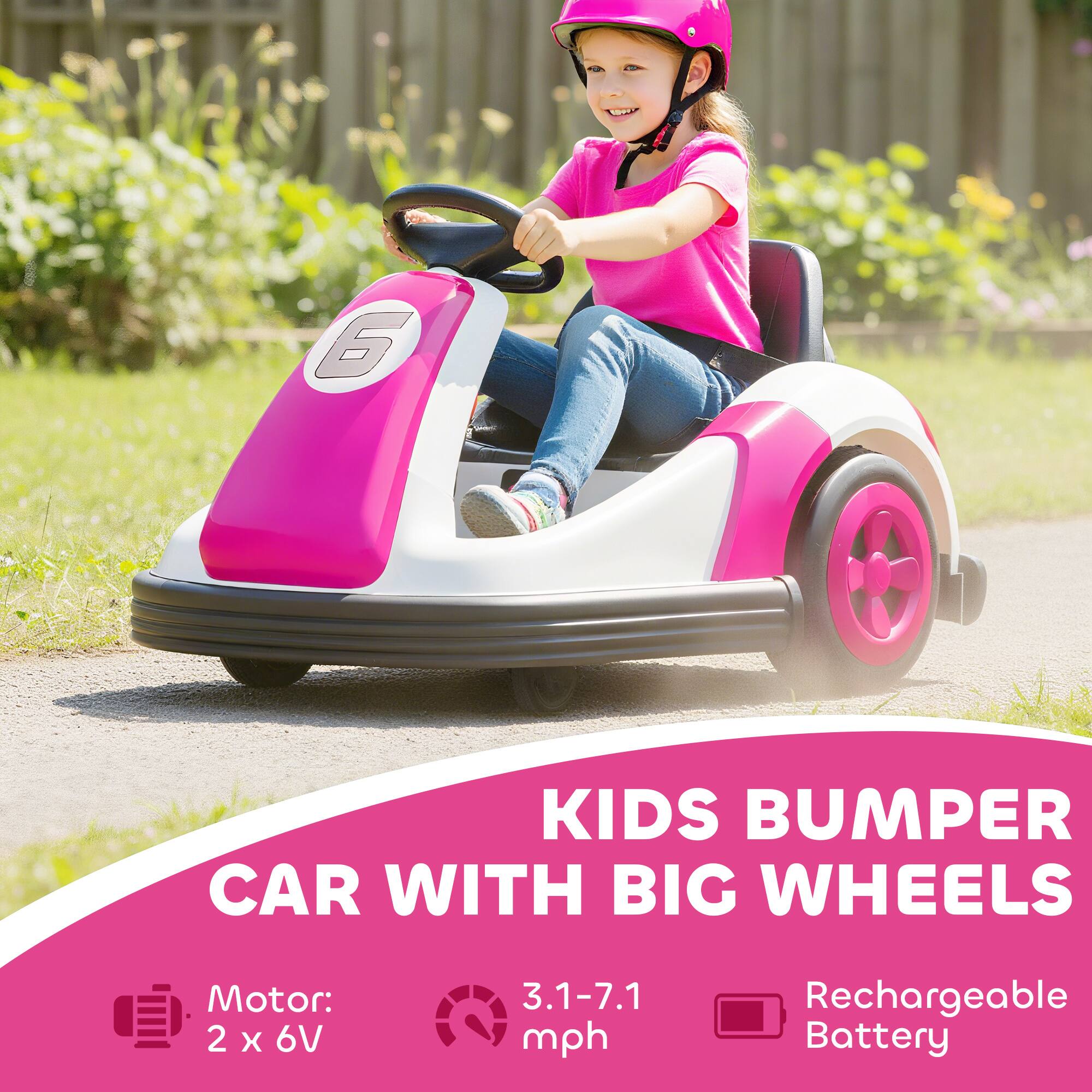 KIDS BUMPER CAR WITH BIG WHEELS

Motor: 2 x 6V
3.1-7.1 mph
Rechargeable Battery