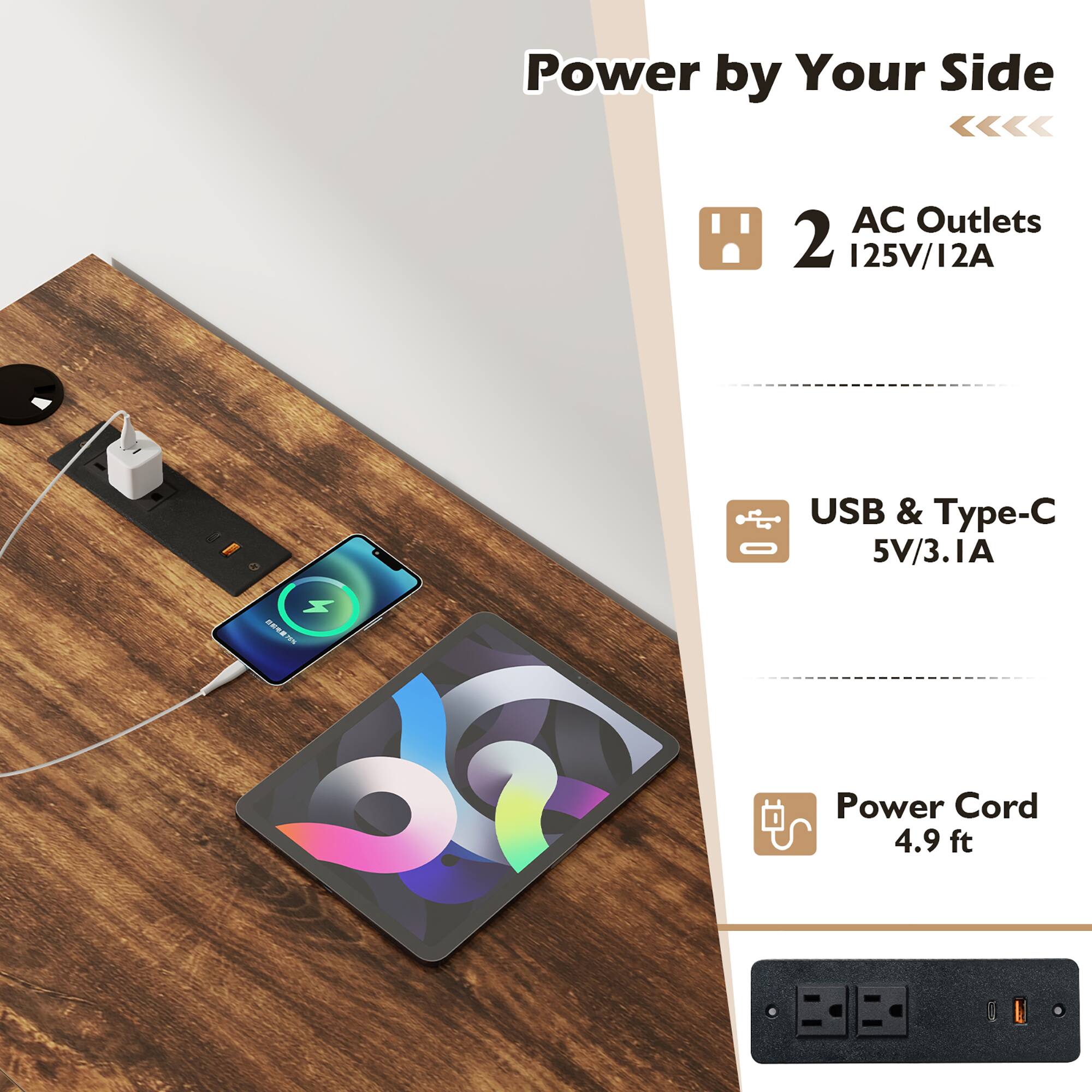 Power by Your Side
AC Outlets 2 125V/12A
USB & Type-C 5V/3.1A
Power Cord 4.9 ft