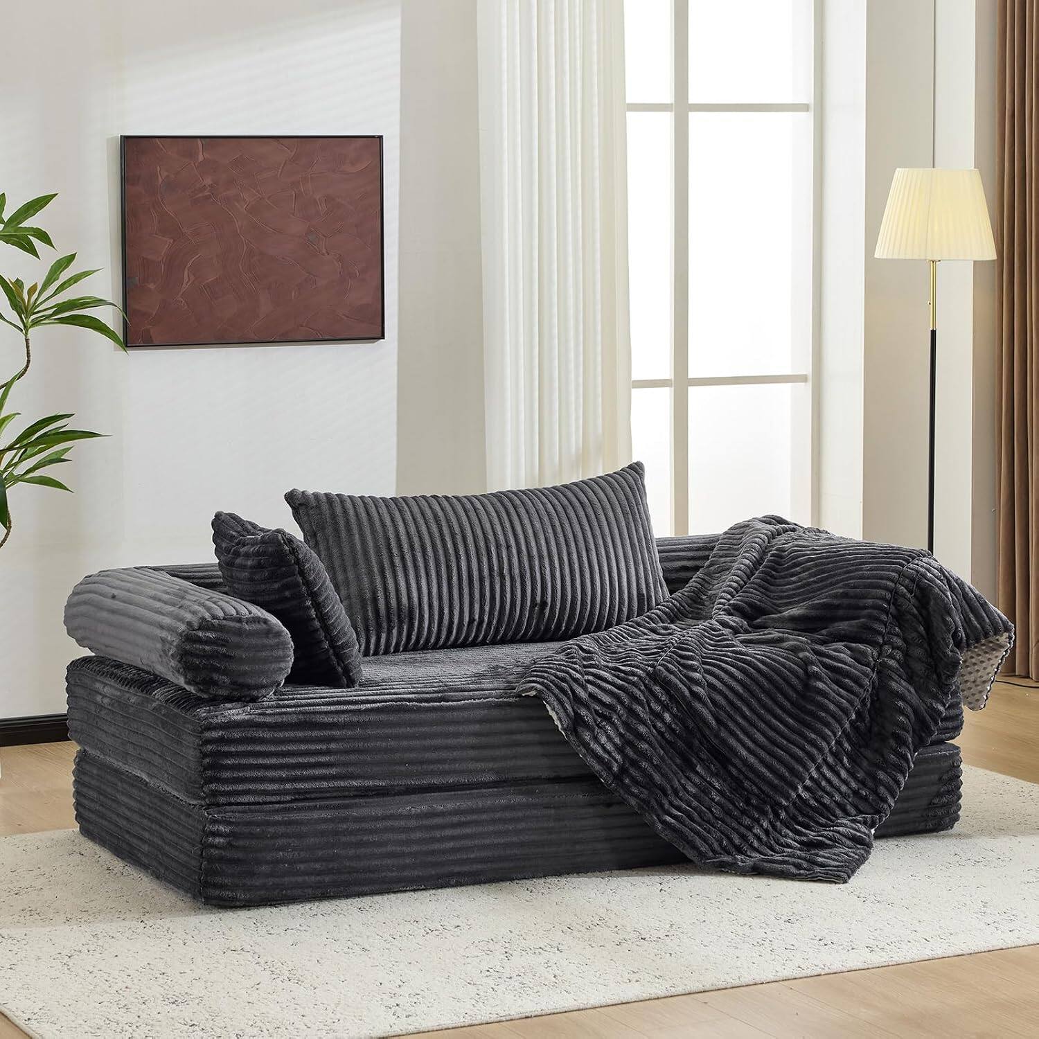 Alt View 8. Winado - Convertible Futon Sofa Bed Corduroy Couch Loveseat Sleeper Sofa, 2-in-1 Throw Pillow & Blanket Couches for Living Room - Dark Grey.