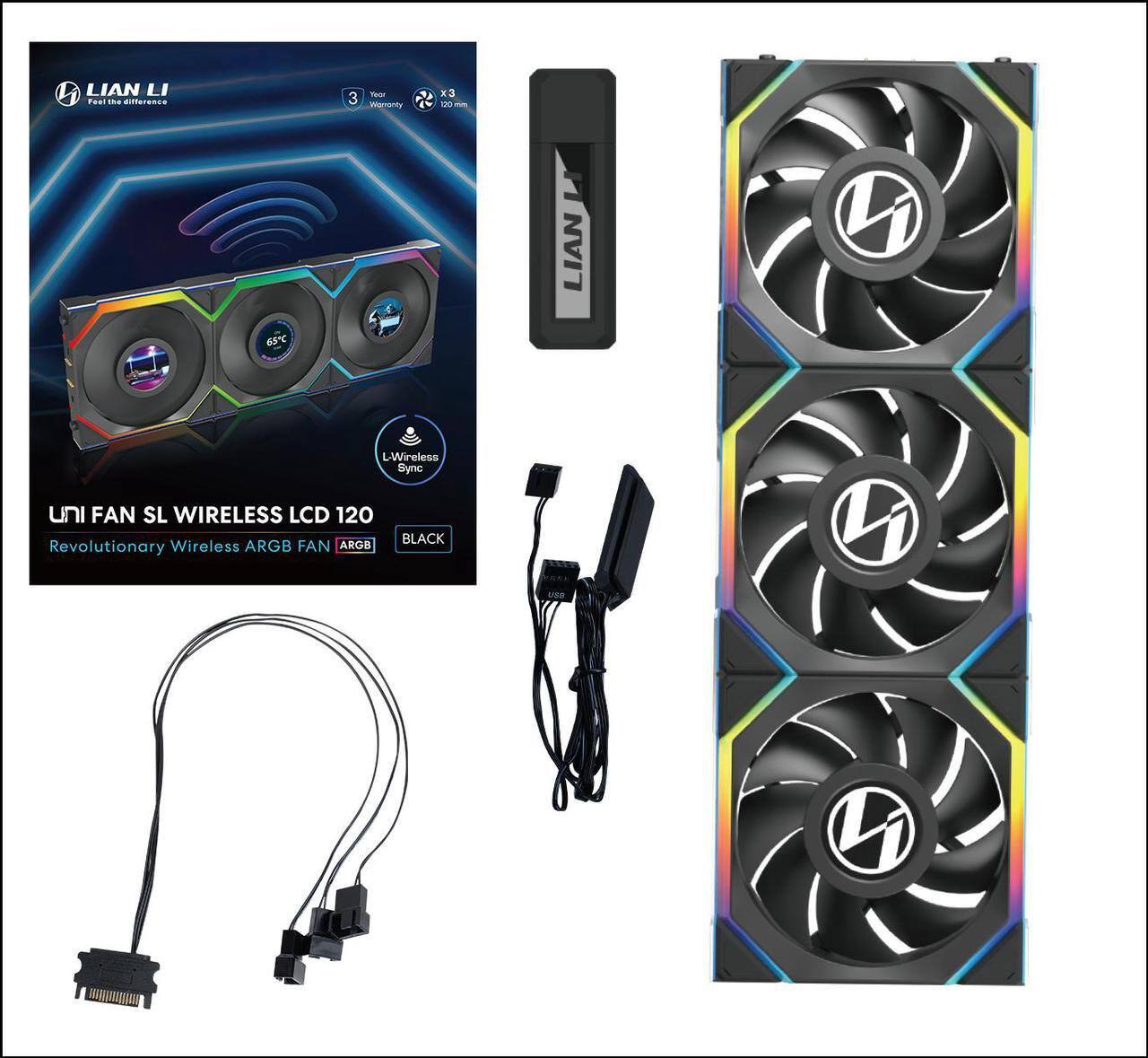 4 LIAN LI Feel the difference - 3 Year Warranty x3 100m LIAN LI L-Wireless Sync UNI FAN SL WIRELESS LCD 120 BLACK Revolutionary Wireless ARGB FAN ARGB