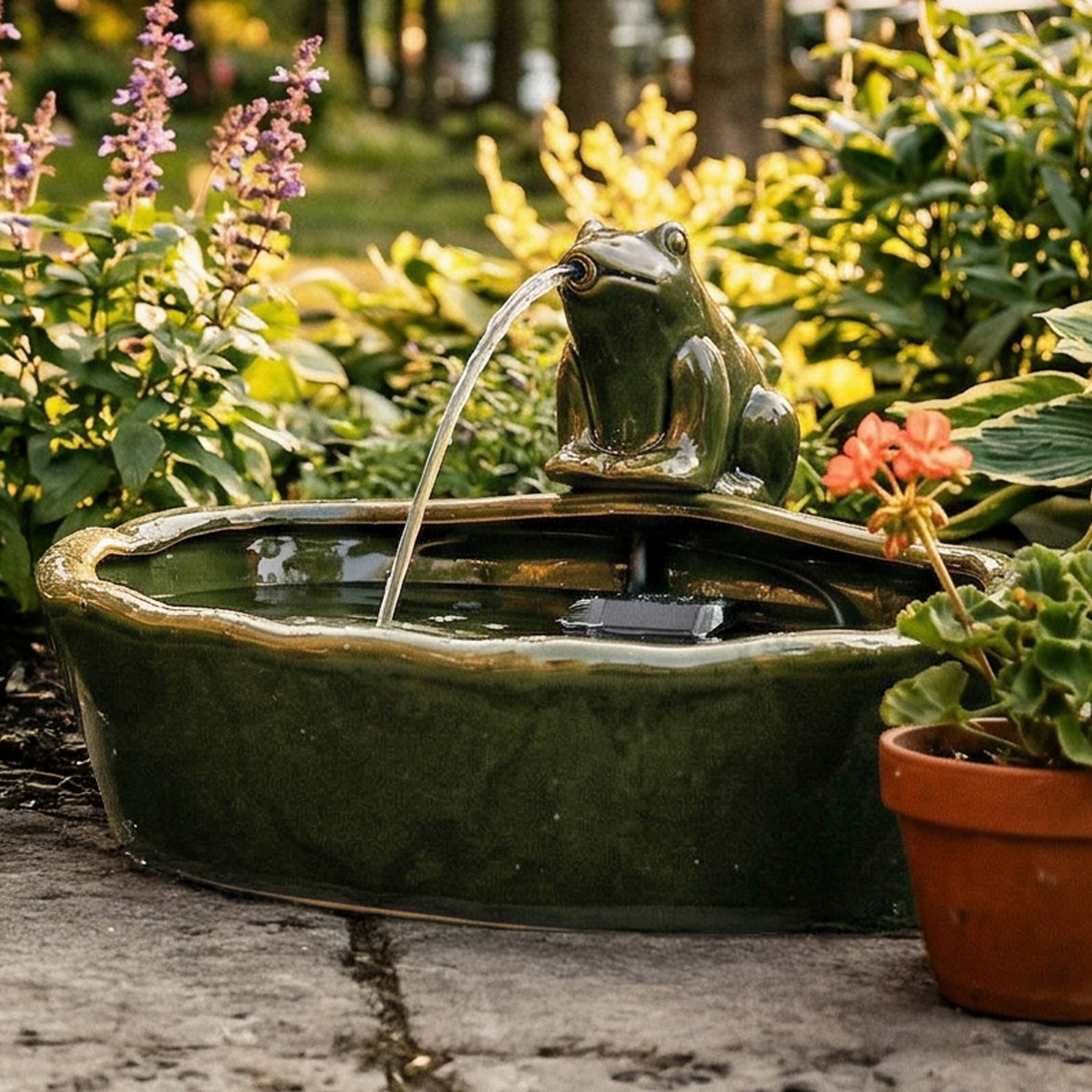 Alt View 9. Sunnydaze - Frog Glazed Ceramic Outdoor Solar Water Fountain - 7 in - Green.