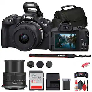 Bundle - Canon - EOS R50 Mirrorless Camera with 18-45mm Lens + 64GB Card + Bag + More - Black