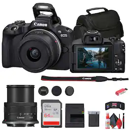 Canon - EOS R50 Mirrorless Camera with 18-45mm Lens + 64GB Card + Bag + More - Black