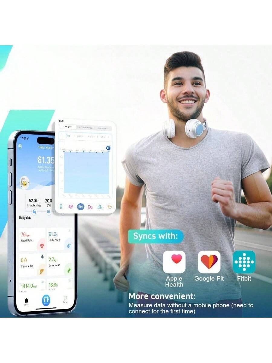 B -g 17:01  
Cay Hello Hutter  
2  
61.35  
52.0kg  
Muscle Mass 20.0  
IM  
BM  
Body data  
76gm  
3pm  
Heart rate 61.0%  
Bad Water  
1414.0  
18.8%  
Apple Health  
Google Fit  
Fitbit  
More convenient:  
Measure data without a mobile phone (need to connect for the first time)  
Syncs with:  
5.0  
Visceral fat  
2.7kg  
Bone mass