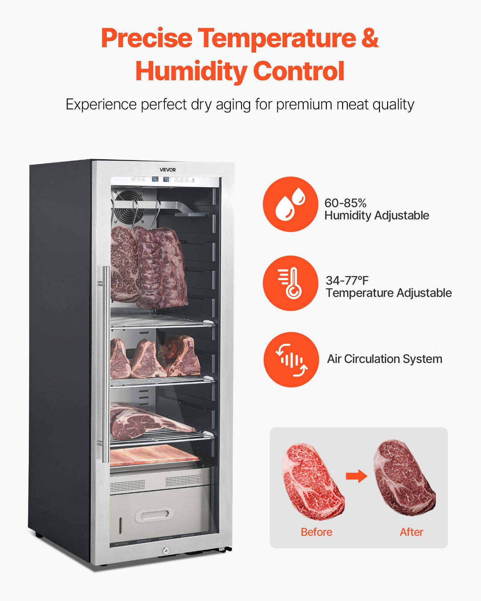 Precise Temperature & Humidity Control

Experience perfect dry aging for premium meat quality

60-85% Humidity Adjustable

34-77°F Temperature Adjustable

Air Circulation System

Before After
