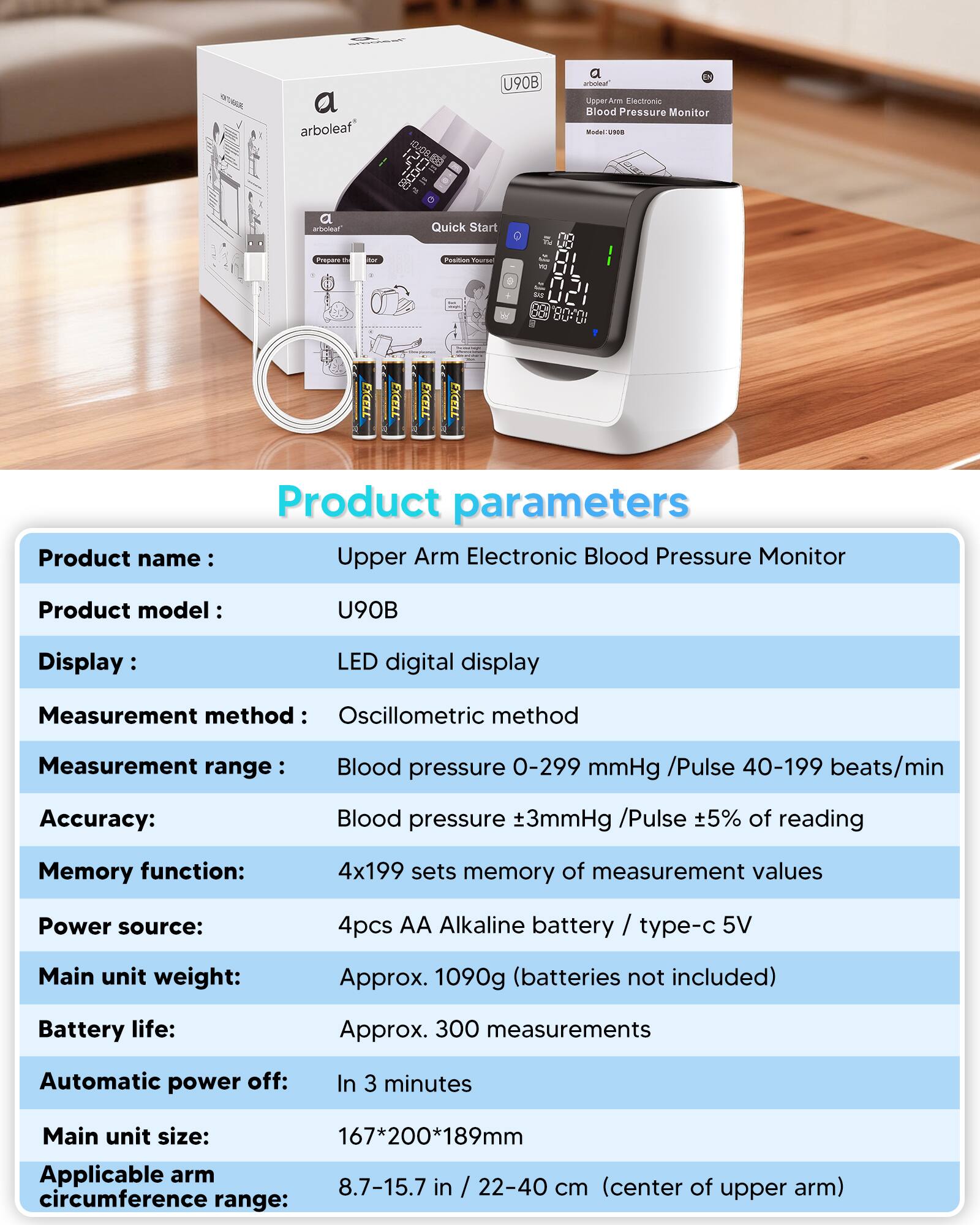 - a arboleaf arboeal U90B BCOCHE 2 9 Quick Start a sroioa Upper Arm Electronic Blood Pressure Monitor MuU rapaara I
- Posto TEUTSH dT ETCELL IE ETCELL EXCELL

Product parameters

Product name: Upper Arm Electronic Blood Pressure Monitor
Product model: U90B
Display: LED digital display
Measurement method: Oscillometric method
Measurement range: Blood pressure 0-299 mmHg / Pulse 40-199 beats/min
Accuracy: Blood pressure +3mmHg / Pulse +5% of reading
Memory function: 4x199 sets memory of measurement values
Power source: 4pcs AA Alkaline battery / type-c 5V
Main unit weight: Approx. 1090g (batteries not included)
Battery life: Approx. 300 measurements
Automatic power off: In 3 minutes
Main unit size: 167*200*189mm
Applicable arm circumference range: 8.7-15.7 in / 22-40 cm (center of upper arm)
