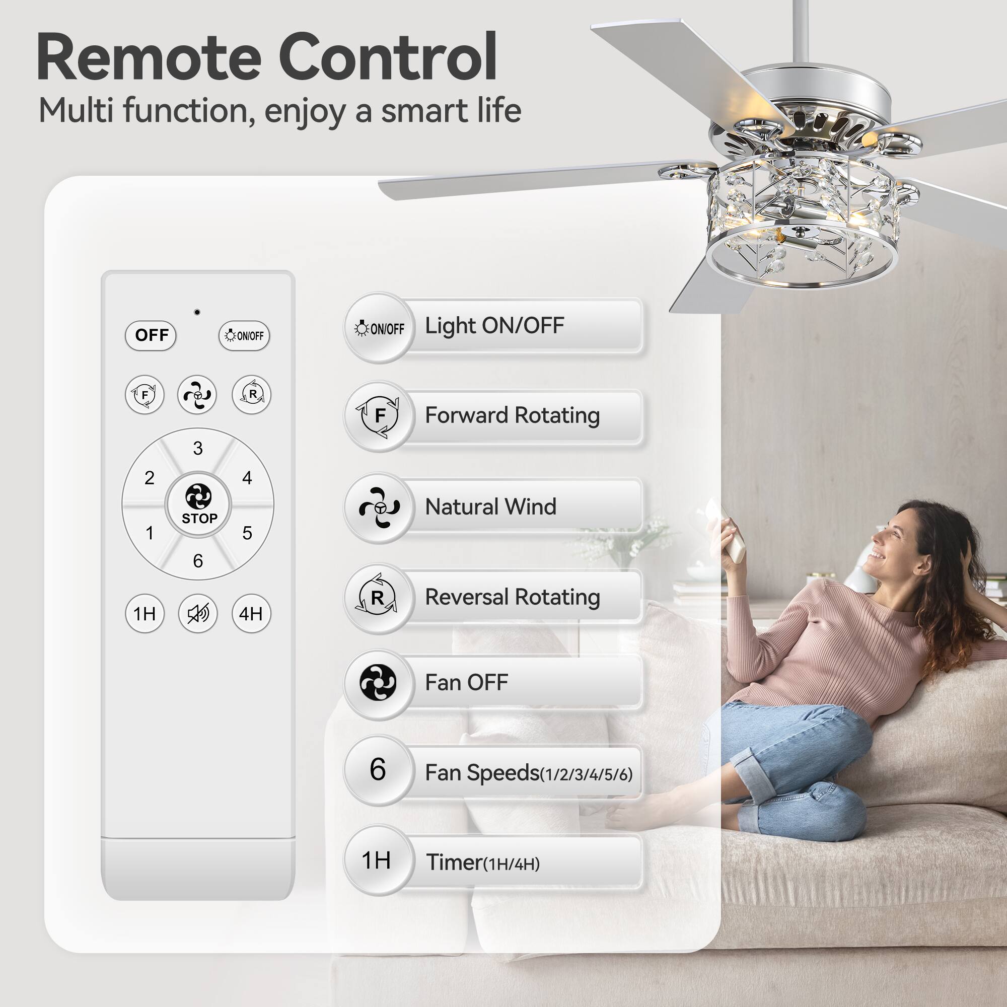 Remote Control Multi function, enjoy a smart life

- OFF
- ON/OFF
- Light ON/OFF
- F Forward Rotating
- 1H x 4H
- R Reversal Rotating
- STOP
- Natural Wind
- Fan OFF
- Fan Speeds(1/2/3/4/5/6)
- 1H Timer(1H/4H)