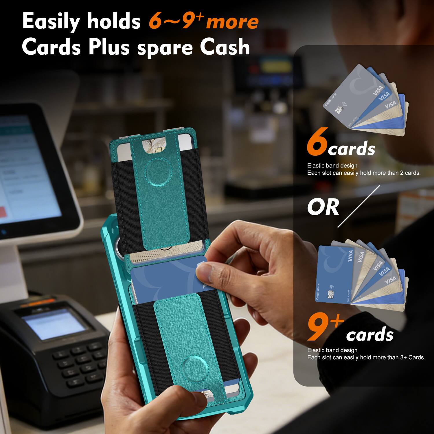 Easily holds 6~9+ more Cards Plus spare Cash

6 cards
Elastic band design
Each slot can easily hold more than 2 cards.

OR

9+ cards
Elastic band design
Each slot can easily hold more than 3+ Cards.