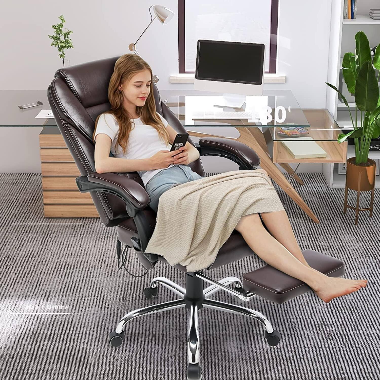 Angle. U-HOMY - Elianagrace Ergonomic Reclining Office Chair – Massage, Heating Function, and Retractable Foot Rest for All-Day Comfort - Brown.