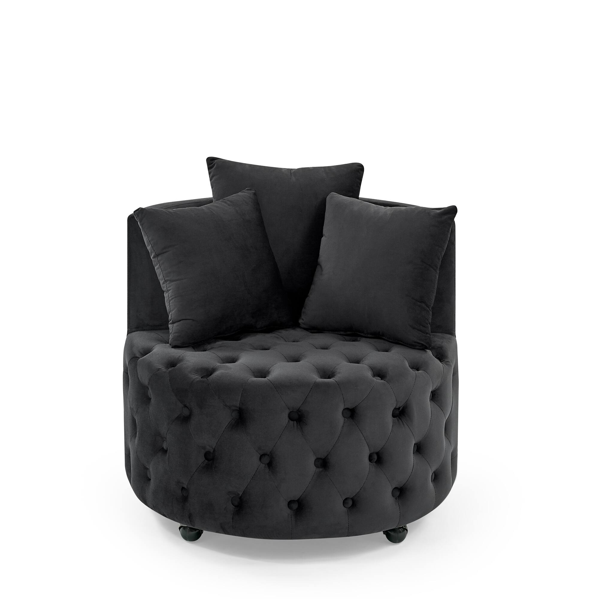 Alt View 1. Trinkets Crazed - Velvet Upholstered Swivel Chair for Living Room, with Button Tufted Design and Movable Wheels, Including 3 Pillows - Black.