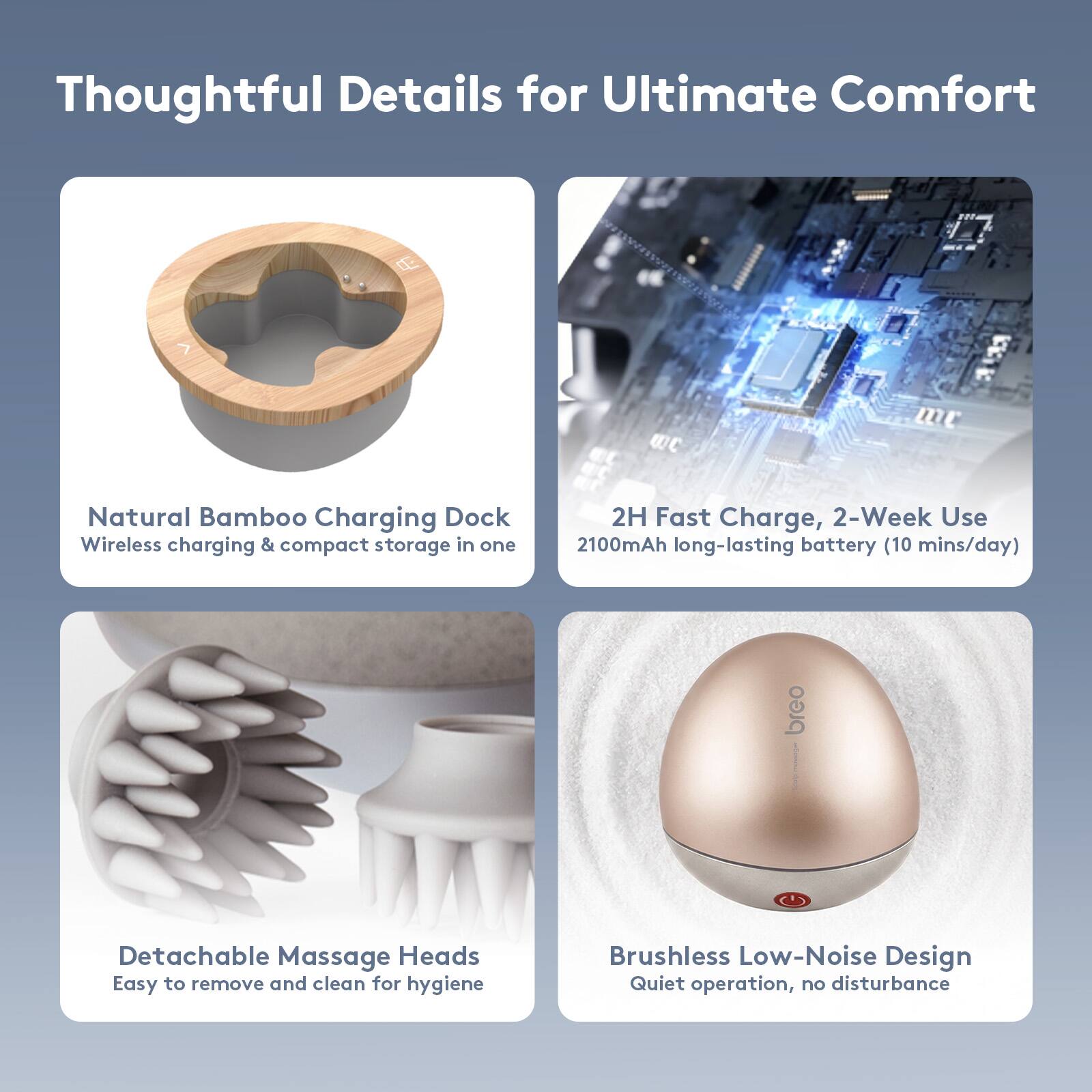 Thoughtful Details for Ultimate Comfort

- Natural Bamboo Charging Dock
  - Wireless charging & compact storage in one

- 2H Fast Charge, 2-Week Use
  - 2100mAh long-lasting battery (10 mins/day)

- Detachable Massage Heads
  - Easy to remove and clean for hygiene

- Brushless Low-Noise Design
  - Quiet operation, no disturbance