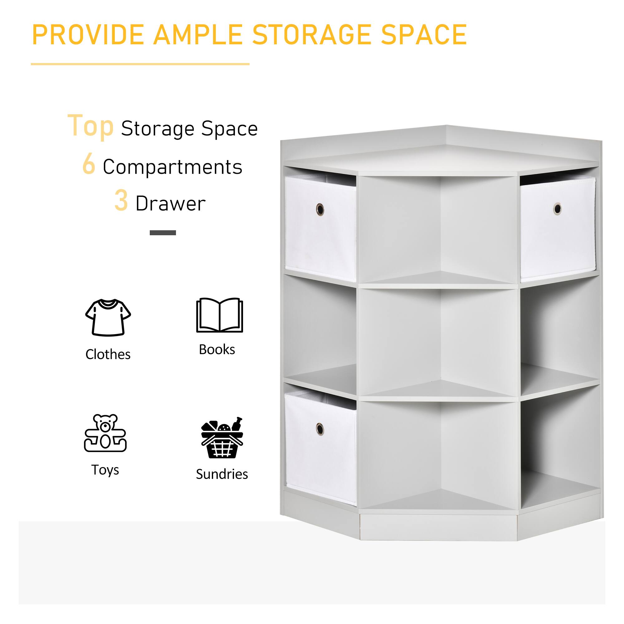 Alt View 1. Homcom - Kids Corner Cabinet, Cubby Toy Storage Organizer, Bookshelf Unit with Three Baskets for Playroom, Bedroom, Living Room - Grey.