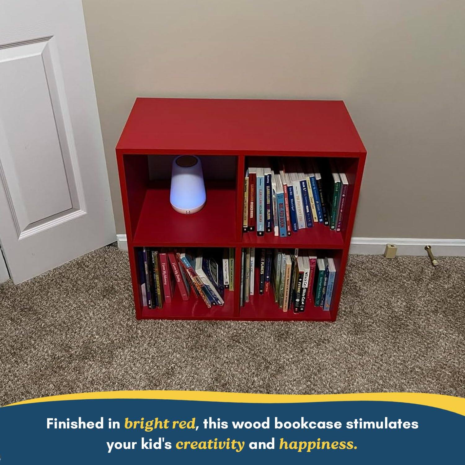 Finished in bright red, this wood bookcase stimulates your kid's creativity and happiness.