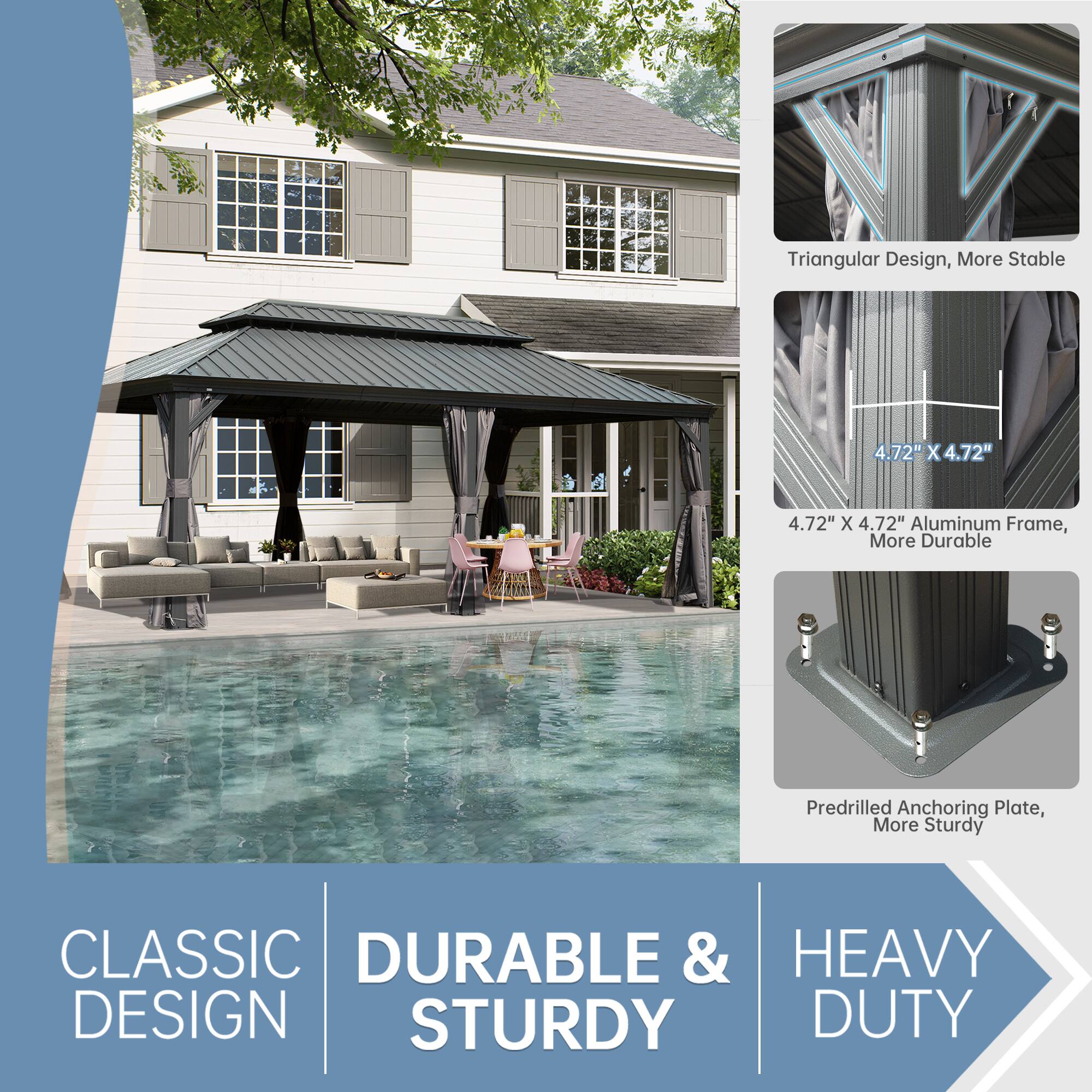 Triangular Design, More Stable  
4.72" x 4.72" Aluminum Frame, More Durable  
Predrilled Anchoring Plate, More Sturdy  

CLASSIC DURABLE & HEAVY DESIGN STURDY DUTY