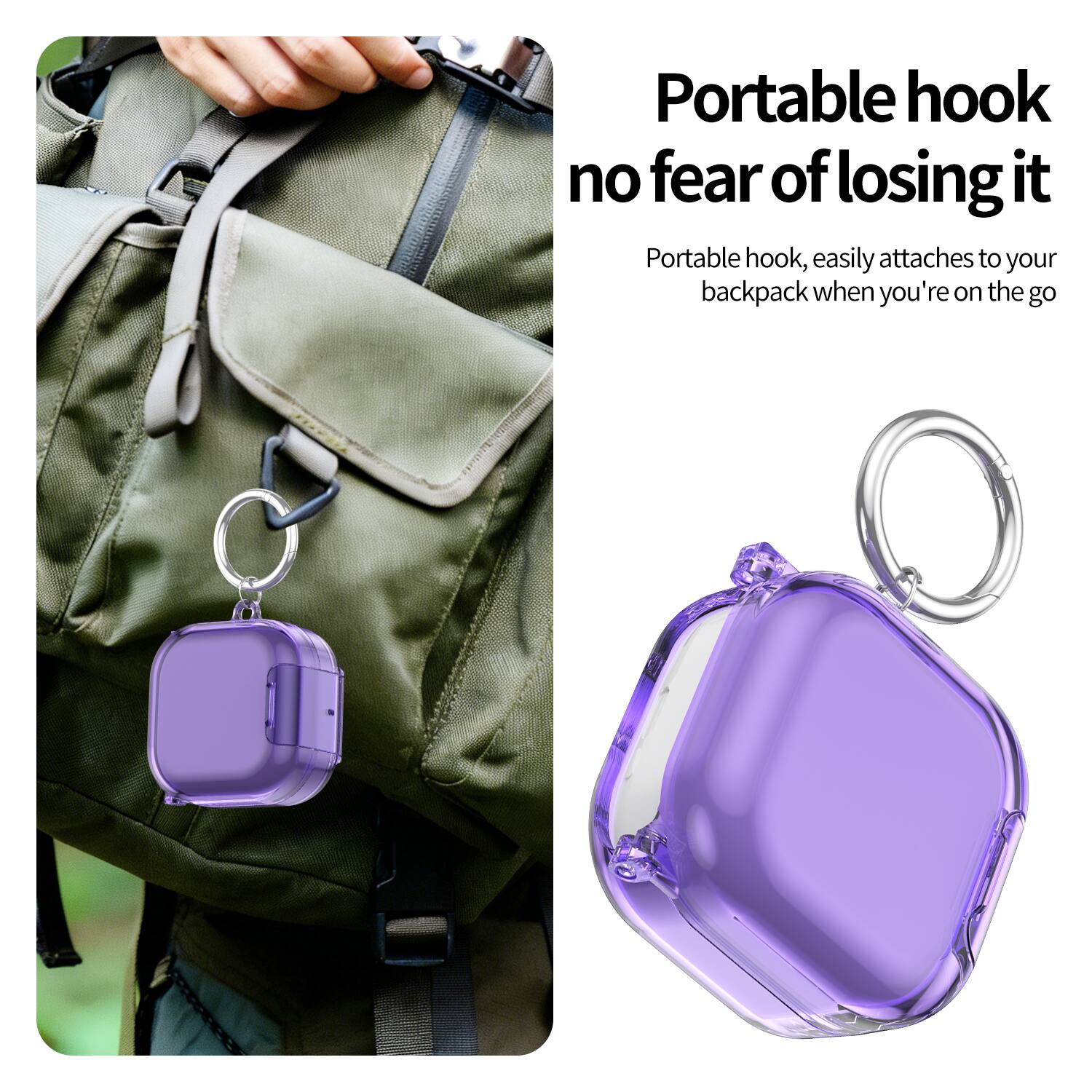 Portable hook no fear of losing it  
Portable hook, easily attaches to your backpack when you're on the go