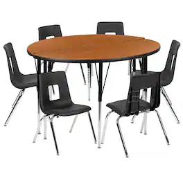 Flash Furniture - Emmy 47.5" Circle Wave Flexible Laminate Activity Table Set with 16" Student Stack Chairs, Oak/Black - Brown
