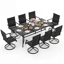 Costway - 9PCS Outdoor Dining Set, 76" Rectangular Patio Table with Umbrella Hole for Balcony - Black