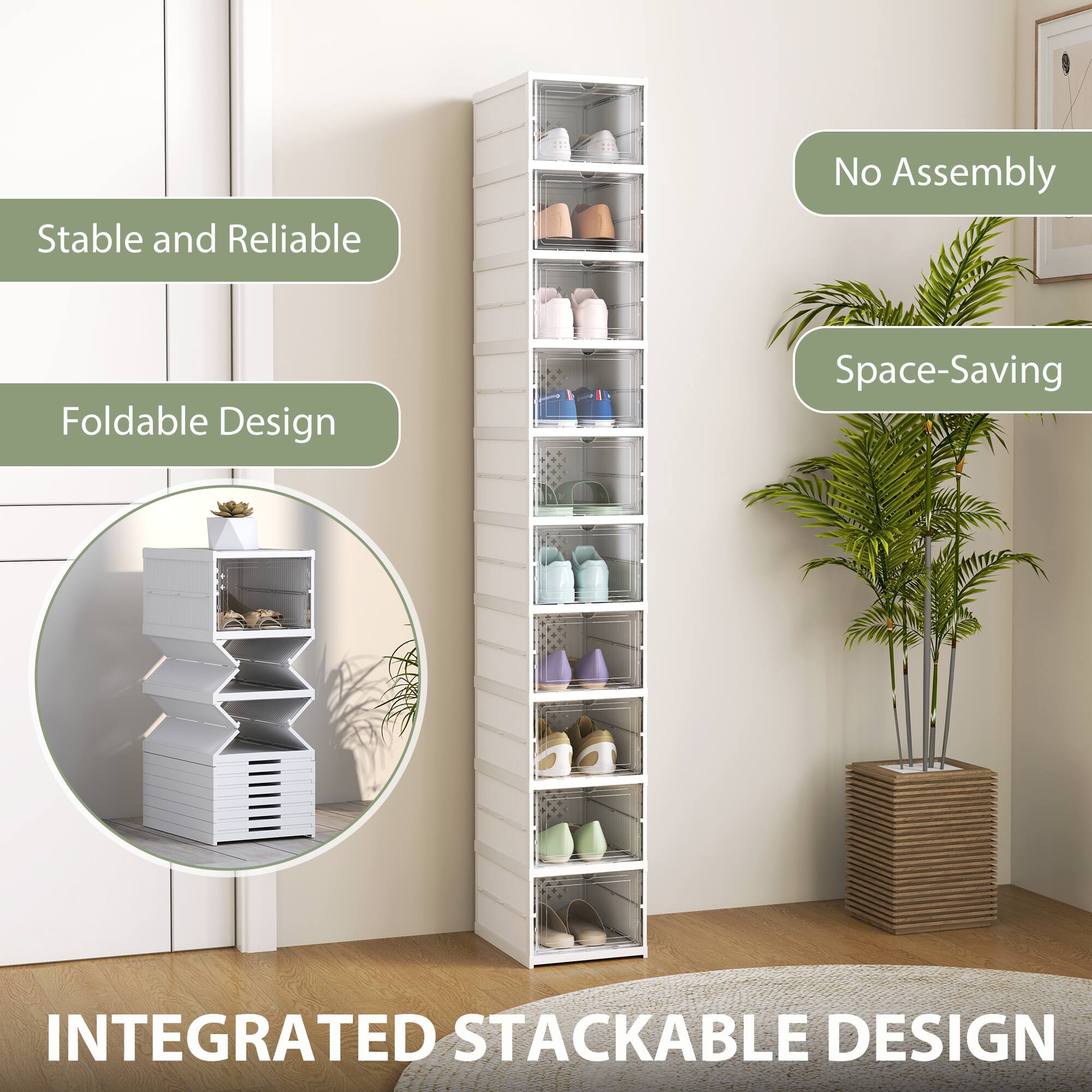 Stable and Reliable, Foldable Design, No Assembly, Space-Saving, INTEGRATED STACKABLE DESIGN