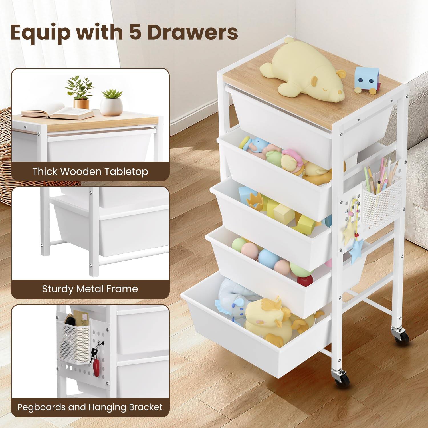 Equip with 5 Drawers

- Thick Wooden Tabletop
- Sturdy Metal Frame
- Pegboards and Hanging Bracket