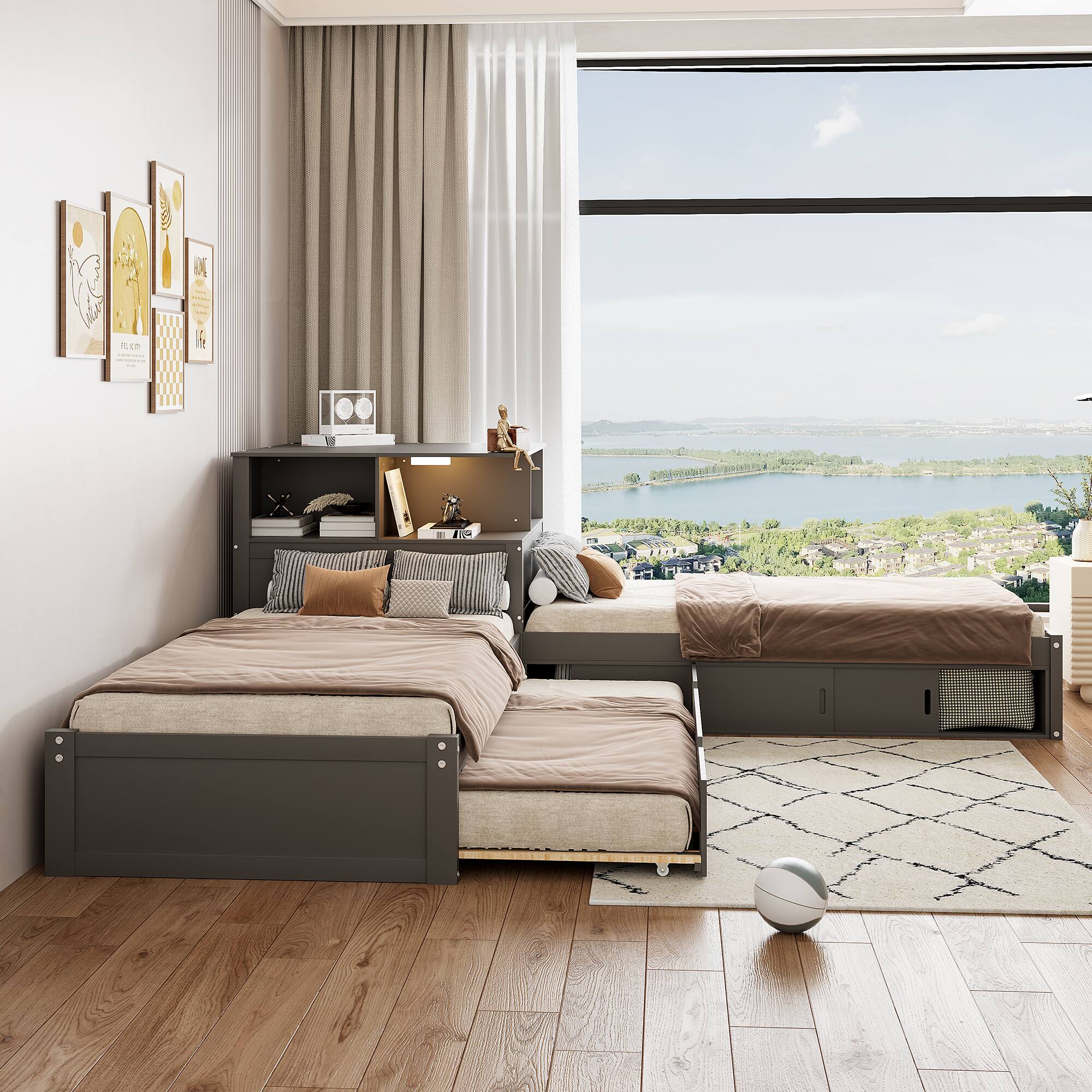 Angle. Whisen - L-Shaped Twin Platform Bed with Trundle, Built-in Desk, Storage Cabinets & LED Lights, Wood Frame - Gray.