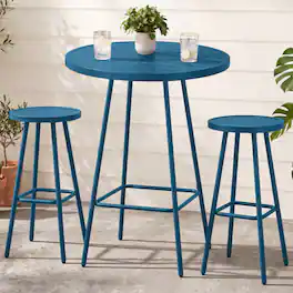 Best Choice Products - 3-Piece Steel Patio Bar Height Round Bistro Set w/ Backless Stools, Slatted Design - Peacock Blue