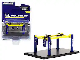 Adjustable Four-Post Lift "Michelin" "Four-Post Lifts" Series 3 1/64 Diecast Model by Greenlight - Blue and Bright Yellow