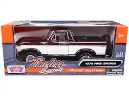 1978 Ford Bronco Ranger XLT (Open Top) w/Spare Tire Burgundy Met. & White "Timeless Legends" 1/24 Model Car by Motormax