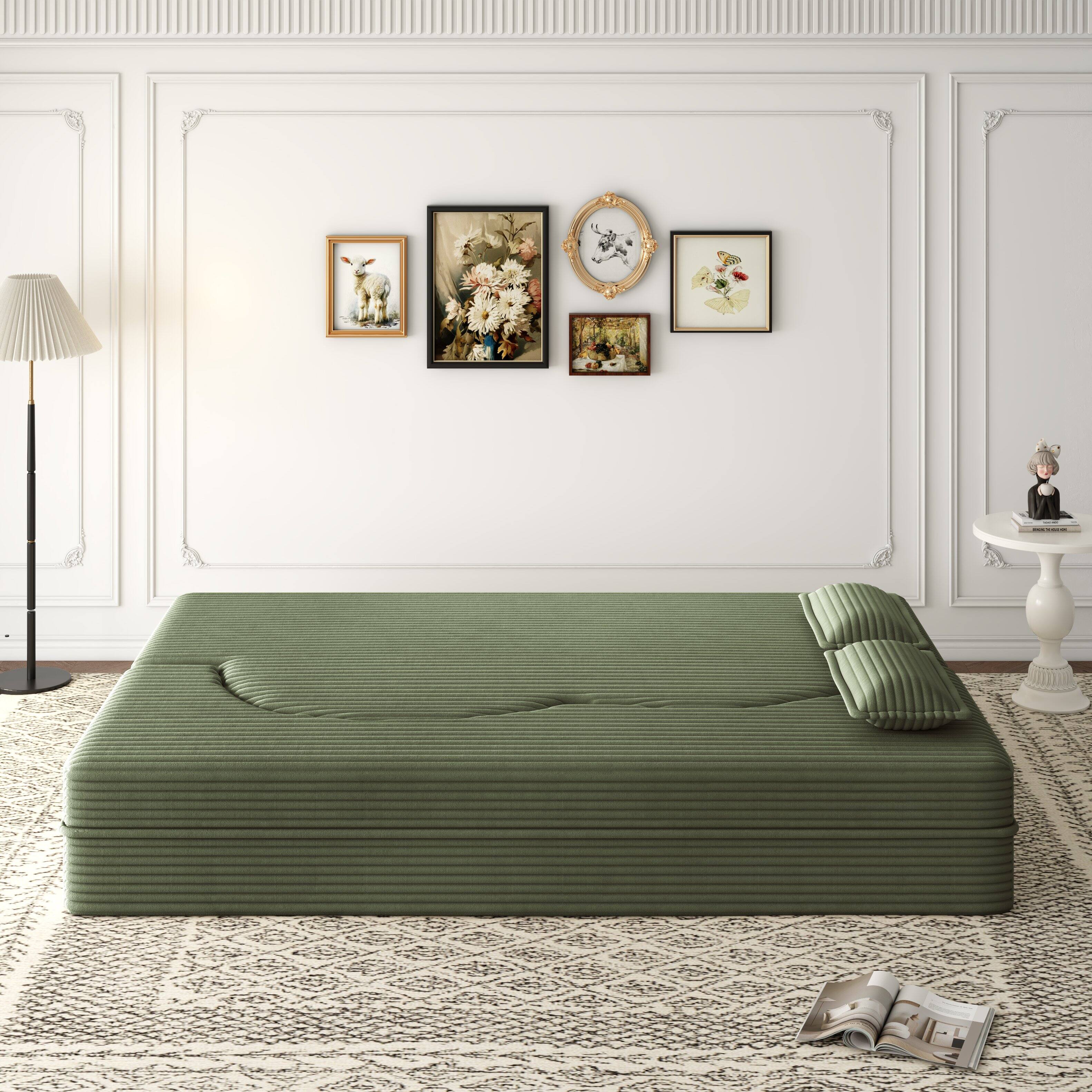 Back. Trinkets Crazed - Convertible Sleeper Sofa Bed,15" Thick Full Size Folding Floor Couch, Corduroy Foam-Filled Futon Loveseat Couch - Green.