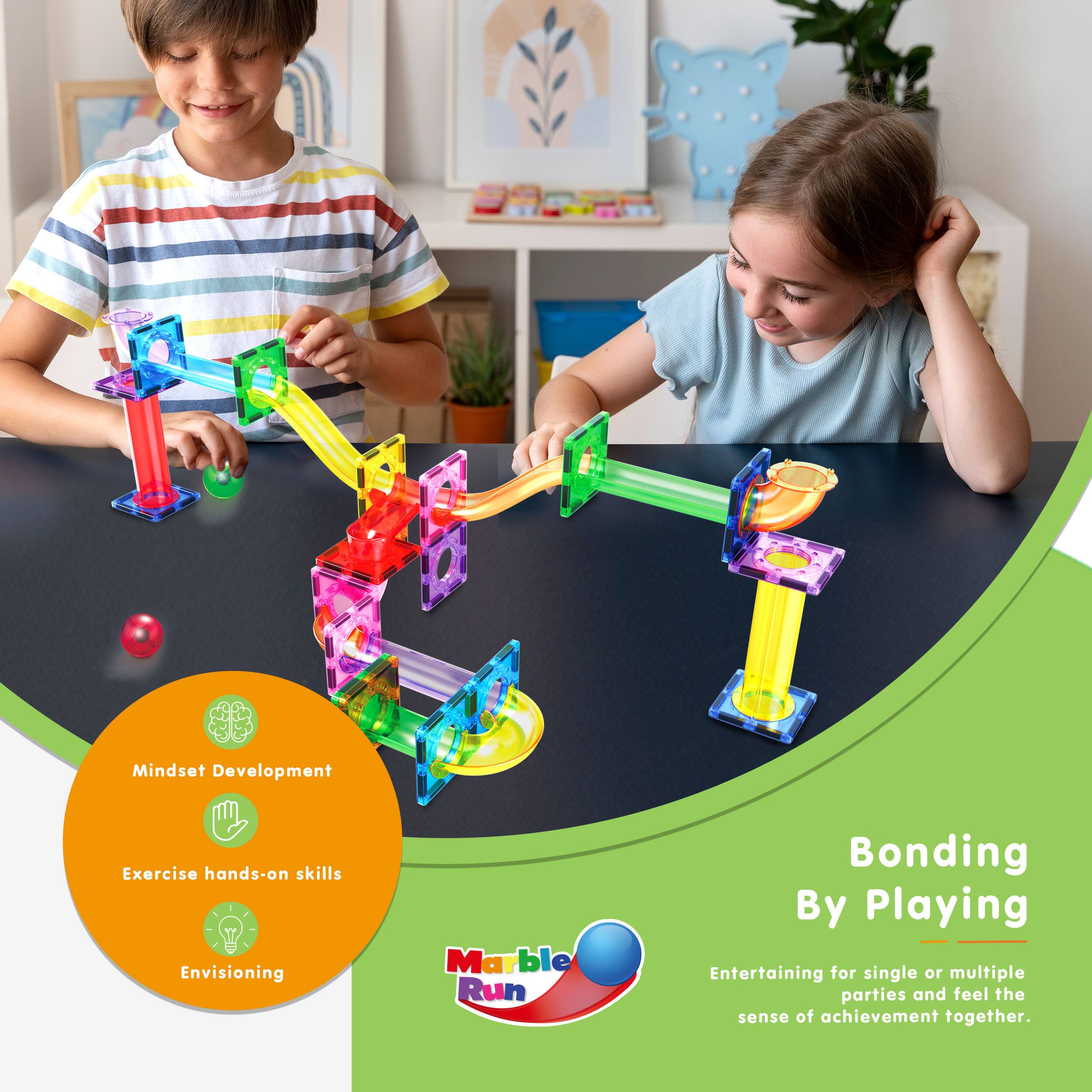Mindset Development  
Exercise hands-on skills  
Envisioning  

Marble Run  

Bonding By Playing  
Entertaining for single or multiple parties and feel the sense of achievement together.