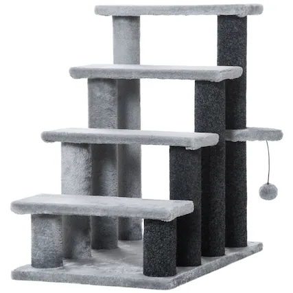 Front. Pawhut - Cat Stairs, 2 in 1 Tree Tower Steps, Scratching Posts, Hanging Ball, 4-Step Climbing Tower, for Bed, Sofa - Light Grey.