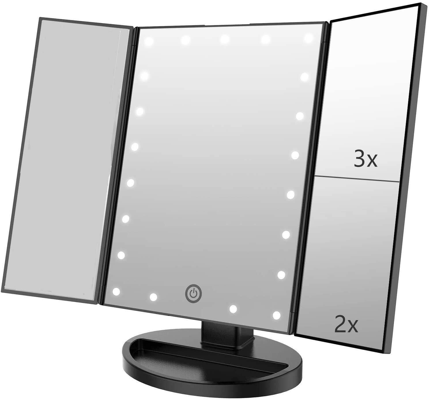 Front. Earthley Blooms - Tri fold Lighted Vanity Makeup Mirror With x x Magnification Led Lights And Touch Screen Degrees Free Rotat - Black.