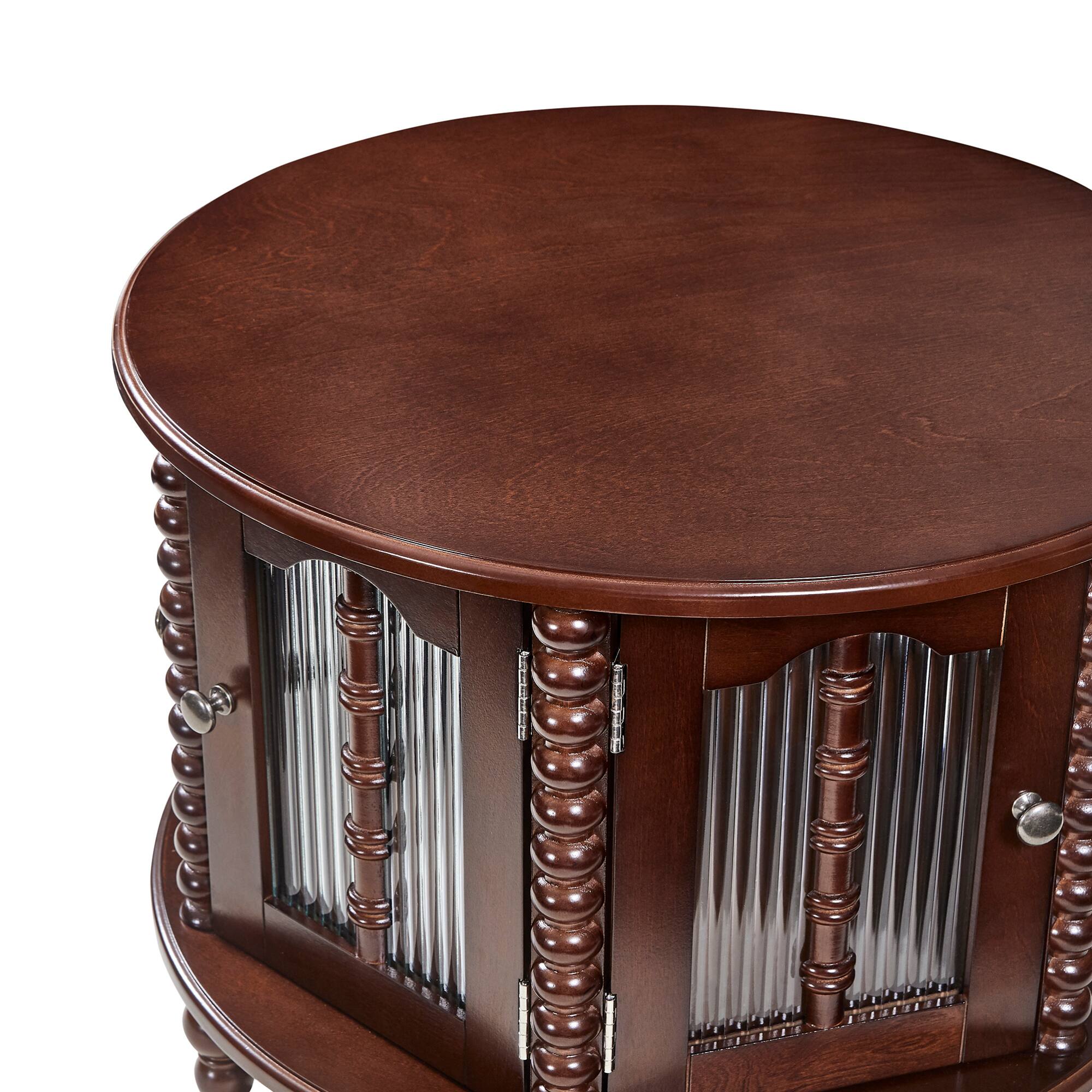 Alt View 7. GOODSILO - Vintage Round Nesting Coffee Table with Bamboo-Shaped Glass Doors and Retro Beaded Legs - Walnut.