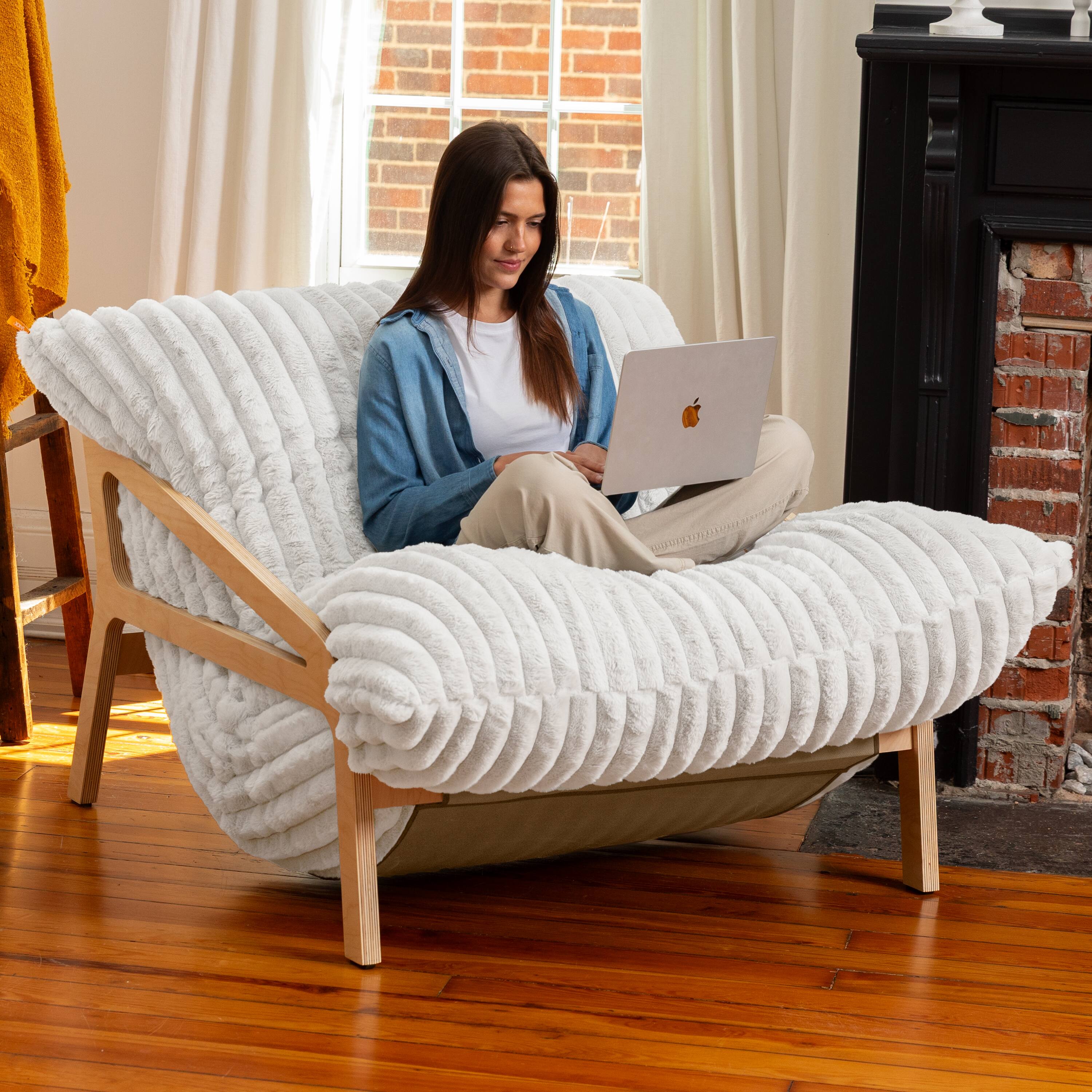 Left. Jaxx - Pillow Saxx Dream Lounger with Wood Frame - 3-in-1 Bean Bag Accent Chair, Recliner & Sleeper Mondo Fur Ivory - Mondo Fur Ivory.