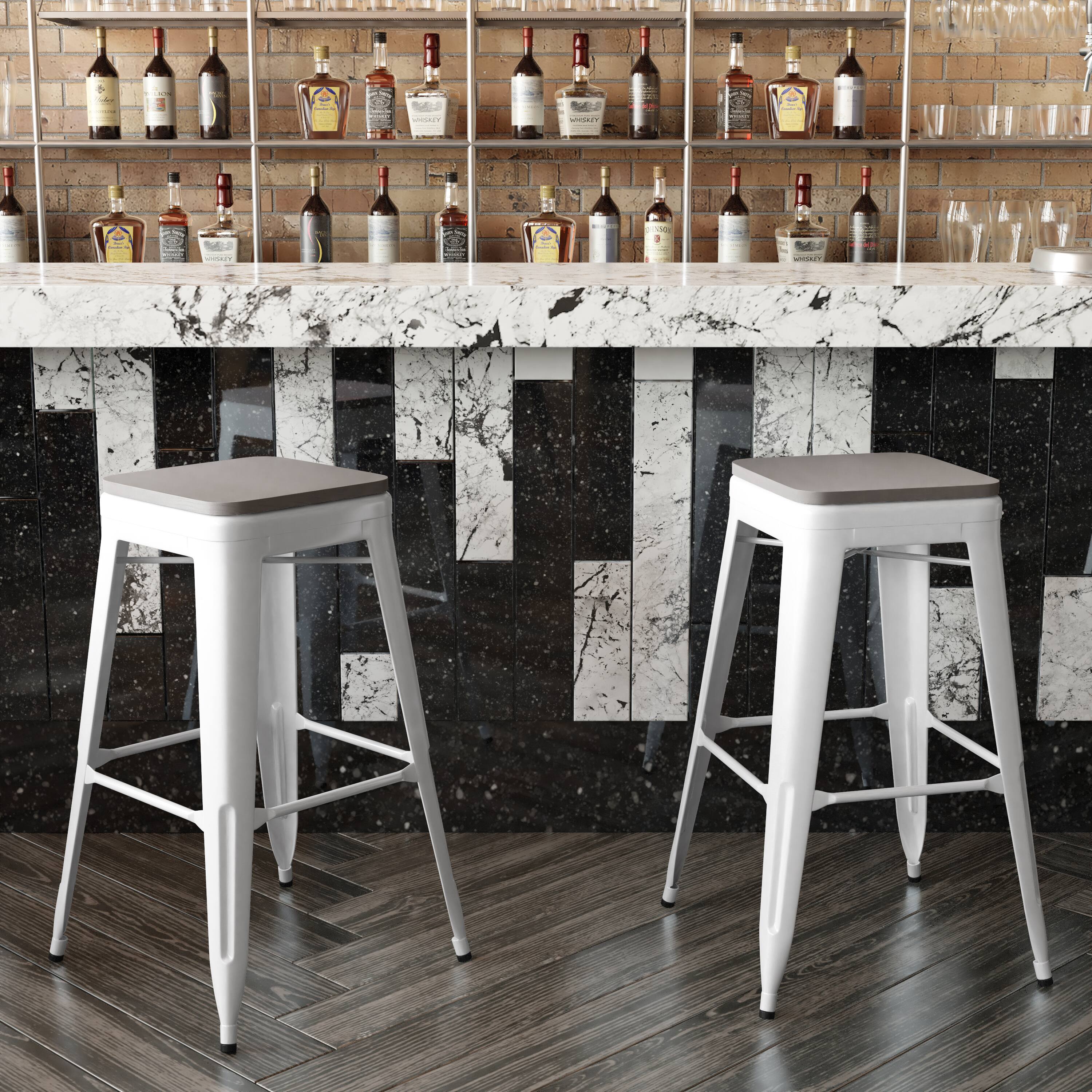Alt View 3. Emma + Oliver - Kam Backless Metal Indoor-Outdoor Stool with All-Weather Polystyrene Seat - Gray Seat/White Frame.
