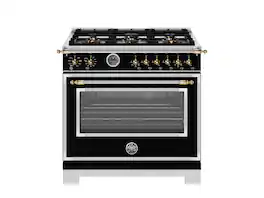 Bertazzoni - 36" Heritage Series 5.7 Cu. Ft. Freestanding Dual Fuel Range - Nero Matt/Gold - Black