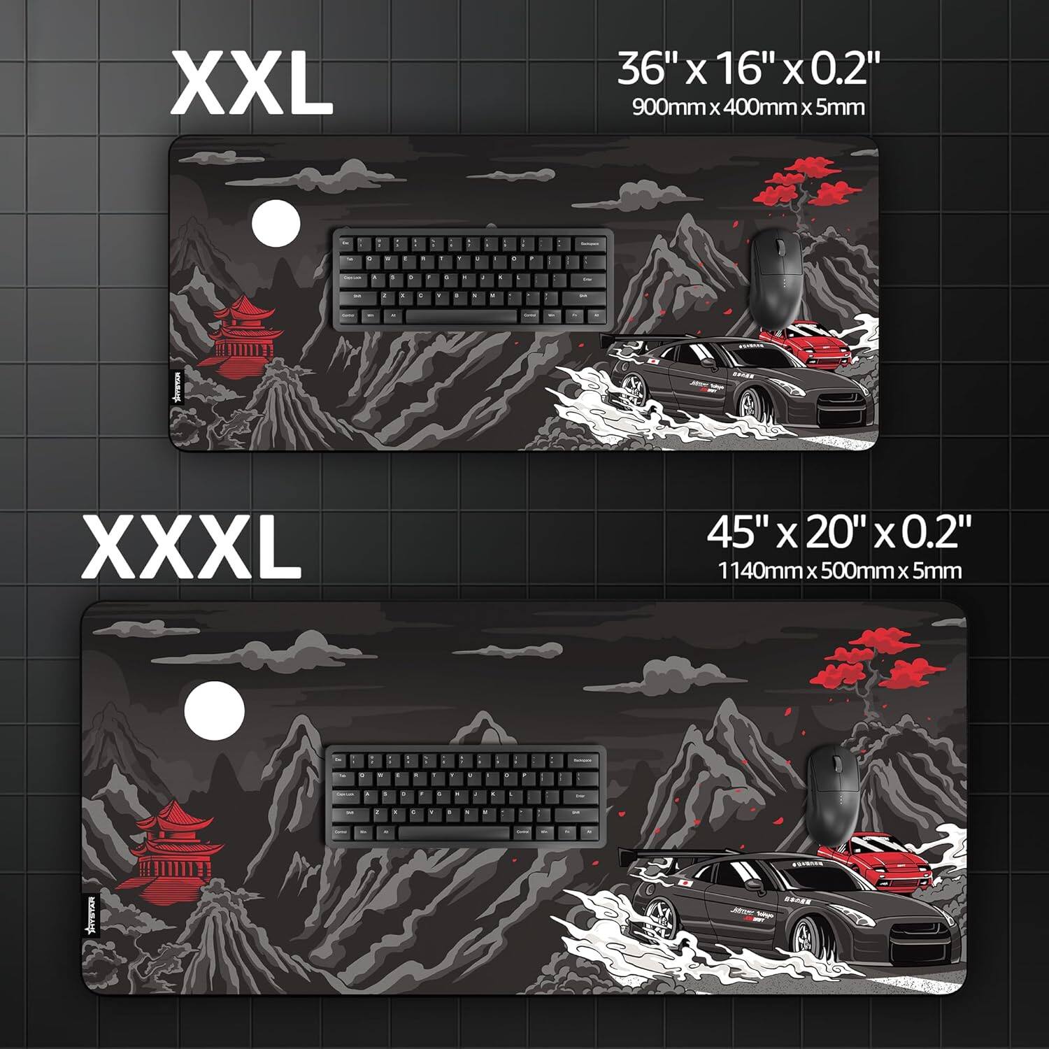XXL  
36" x 16" x 0.2"  
900mm x 400mm x 5mm  

XXXL  
45" x 20" x 0.2"  
1140mm x 500mm x 5mm