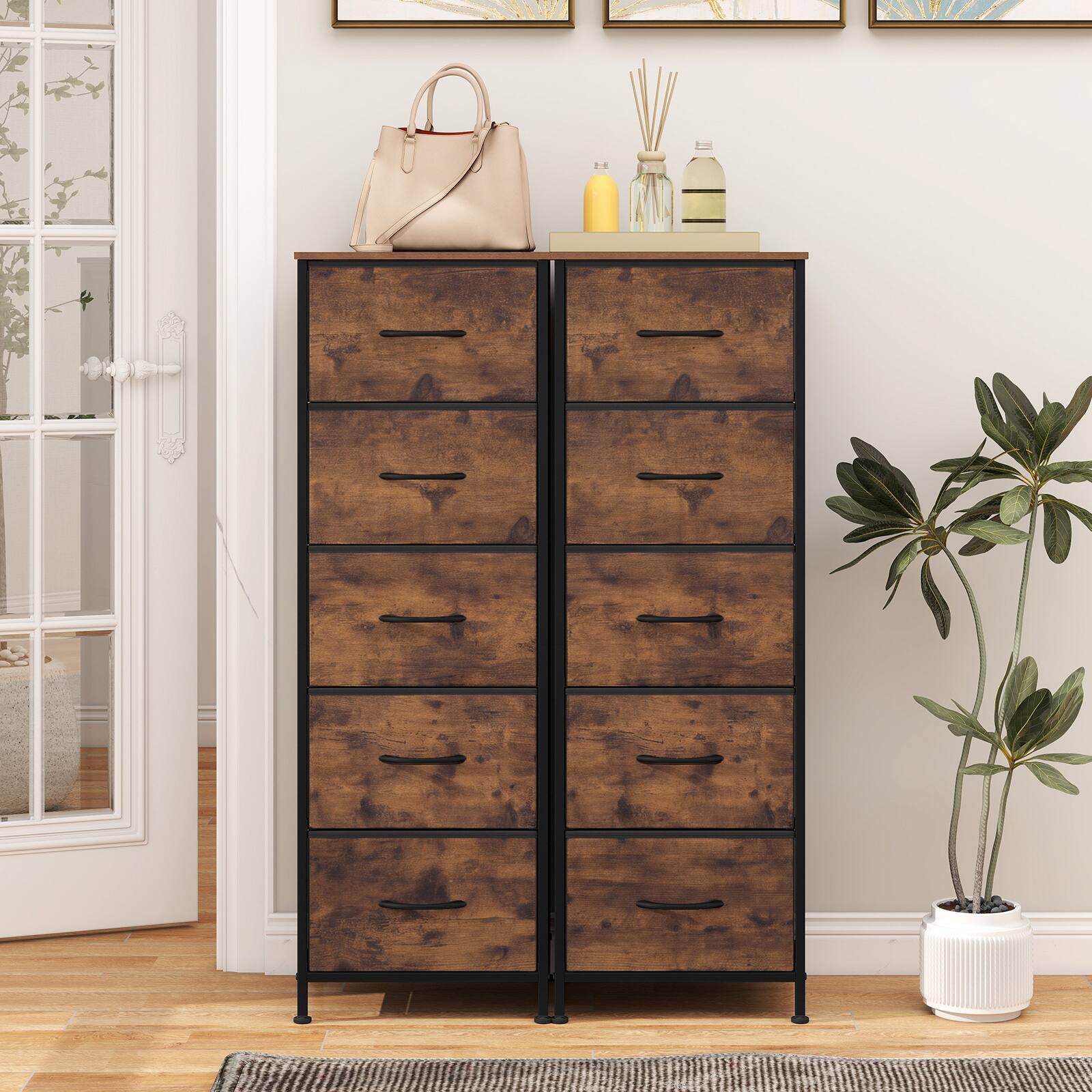Alt View 4. Costway - Costway Dresser Nightstand with 5 Roomy Fabric Drawers Heavy-Duty Metal Frame for Dorm - Rustic Brown.