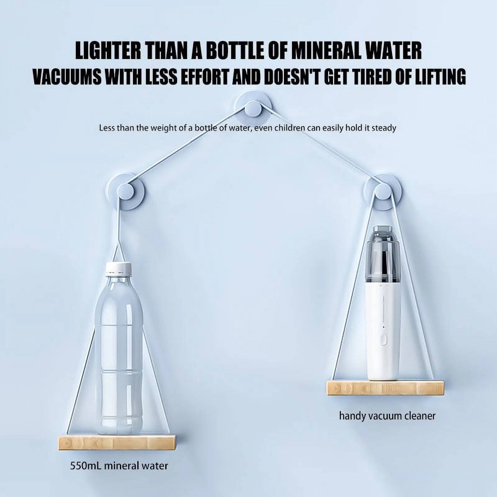 LIGHTER THAN A BOTTLE OF MINERAL WATER  
VACUUMS WITH LESS EFFORT AND DOESN'T GET TIRED OF LIFTING  

Less than the weight of a bottle of water, even children can easily hold it steady  

550mL mineral water  

handy vacuum cleaner
