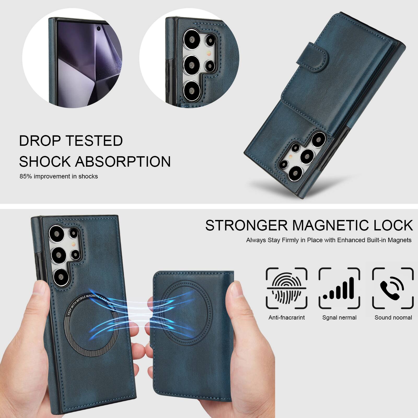 DROP TESTED SHOCK ABSORPTION  
85% improvement in shocks  

STRONGER MAGNETIC LOCK  
Always Stay Firmly in Place with Enhanced Built-in Magnets  

Anti-fingerprint  
Signal normal  
Sound normal