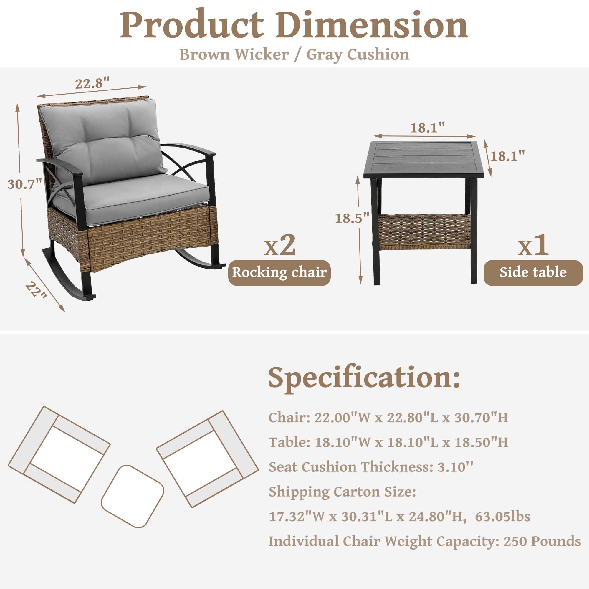 **Product Dimension**  
Brown Wicker / Gray Cushion  

- Rocking chair x2  
  - 22.8" W x 22.0" D x 30.7" H  

- Side table x1  
  - 18.1" W x 18.1" L x 18.5" H  

**Specification:**  
- Chair: 22.00"W x 22.80"L x 30.70"H  
- Table: 18.10"W x 18.10"L x 18.50"H  
- Seat Cushion Thickness: 3.10"  
- Shipping Carton Size: 17.32"W x 30.31"L x 24.80"H, 63.05lbs  
- Individual Chair Weight Capacity: 250 Pounds