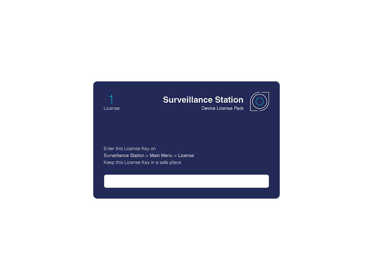1 License Surveillance Station Device License Pack

Enter this License Key on Surveillance Station > Main Menu > License

Keep this License Key in a safe place.