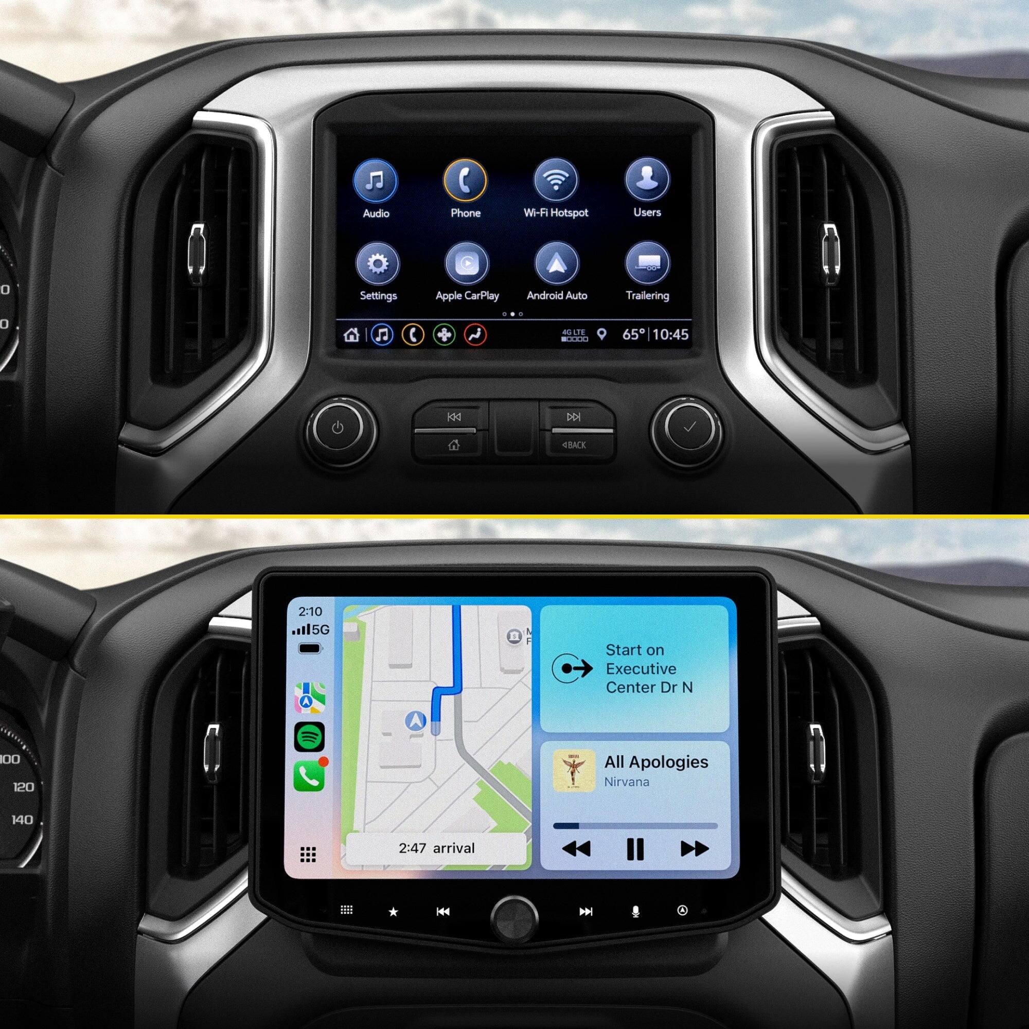 Audio  
Phone  
Wi-Fi Hotspot  
Users  
Settings  
Apple CarPlay  
Android Auto  
Trailer  
65° 10:45  

Start on Executive Center Dr N  
All Apologies - Nirvana  
2:10  
2:47 arrival
