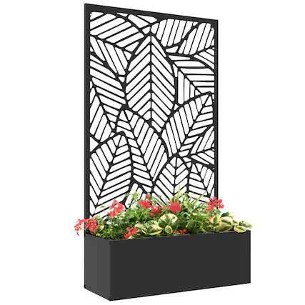 Front. Outsunny - Outdoor Privacy Screen with Raised Garden Bed, Privacy Panel and Planter Box - Black.