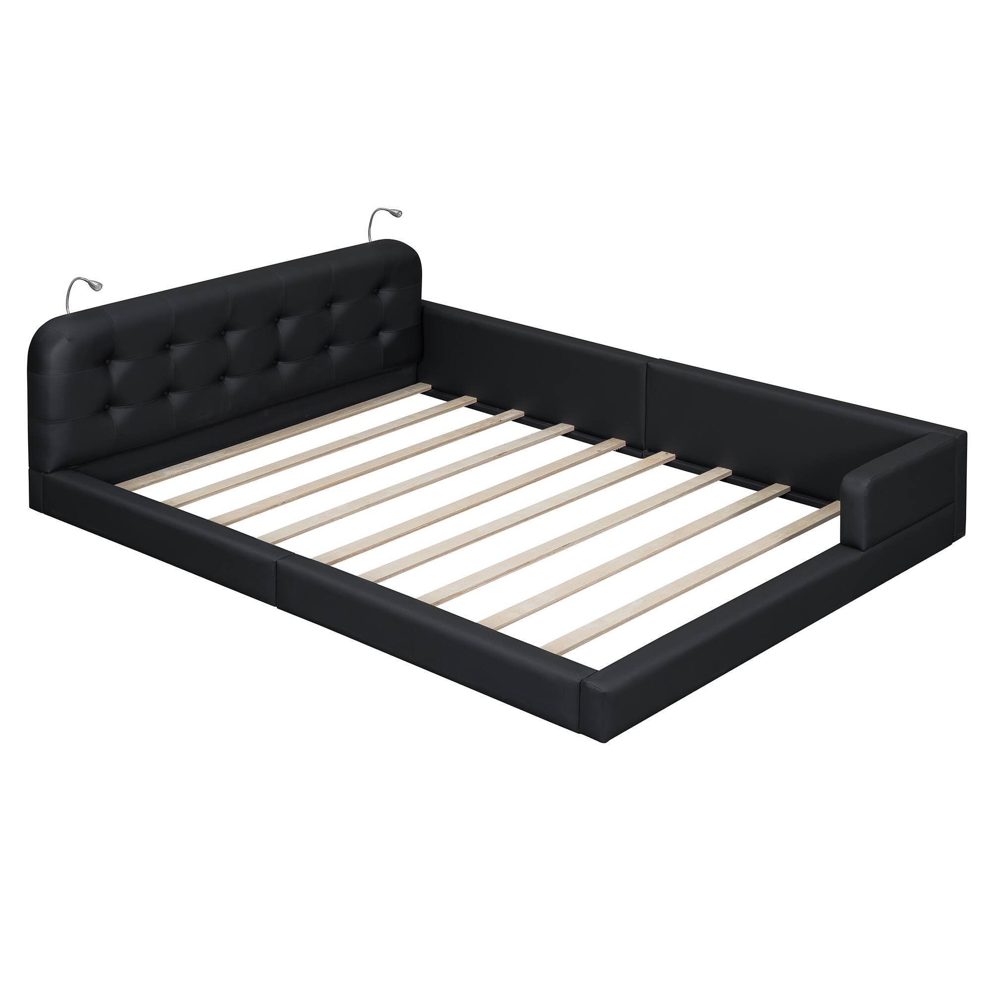 Left. Tiramisubest - Queen Size Upholstered Platform Bed with 2 Reading Lights, Black - Black.