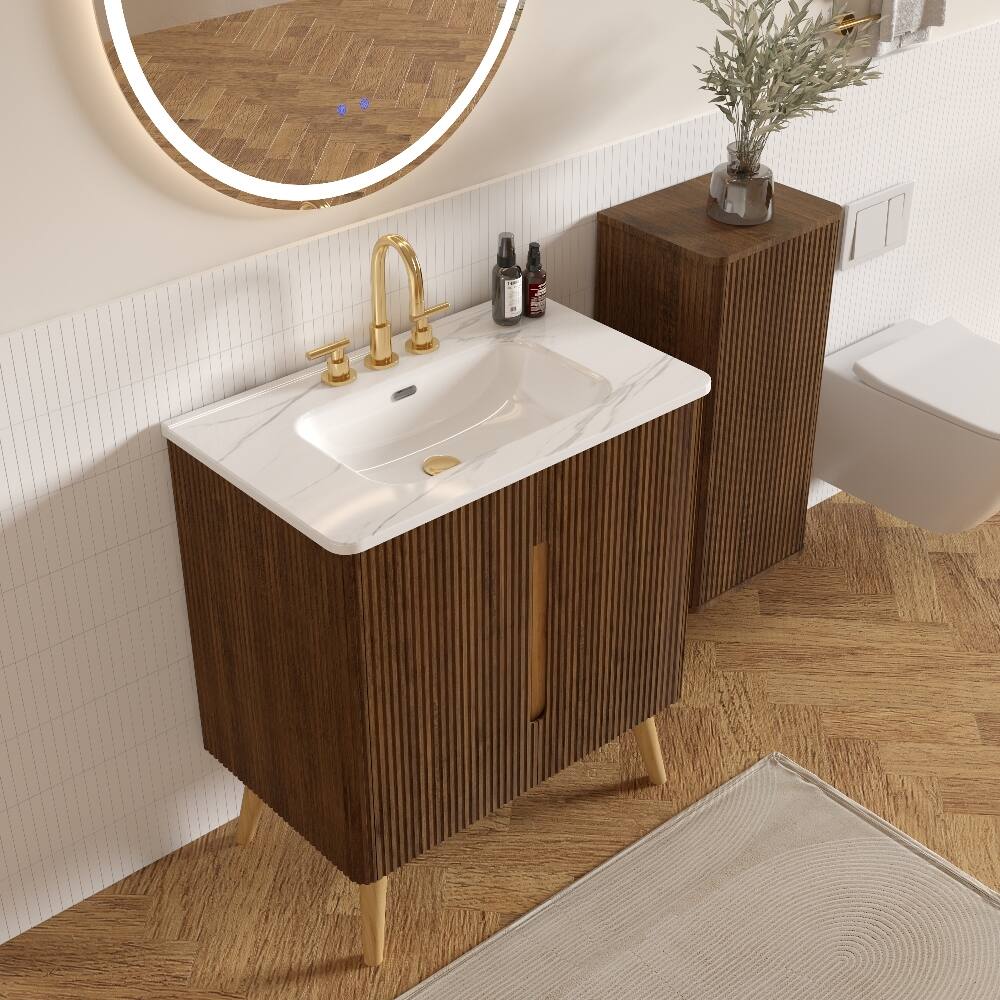 Angle. Loheer - Loheer 30 inch freestanding bathroom vanity striped walnut finish carrara white ceramic sink - White+Walnut.